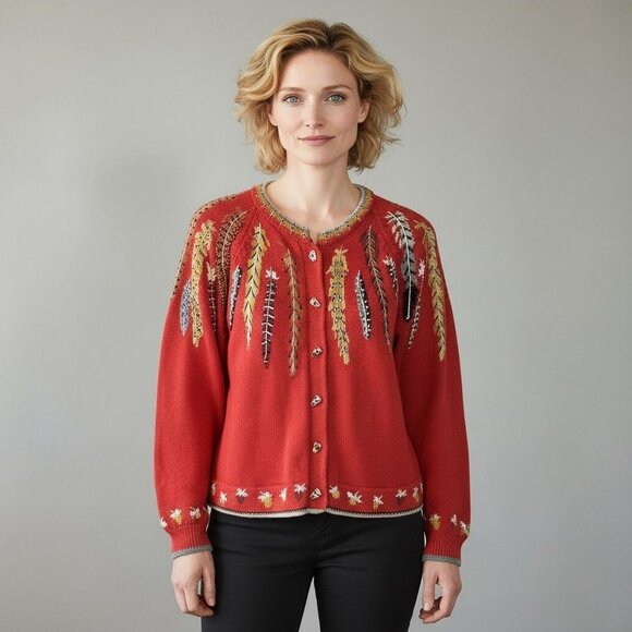 Christine Foley Sweaters - Christine Foley Vintage Coral Embroidered Cotton Cardigan Sweater Size 1